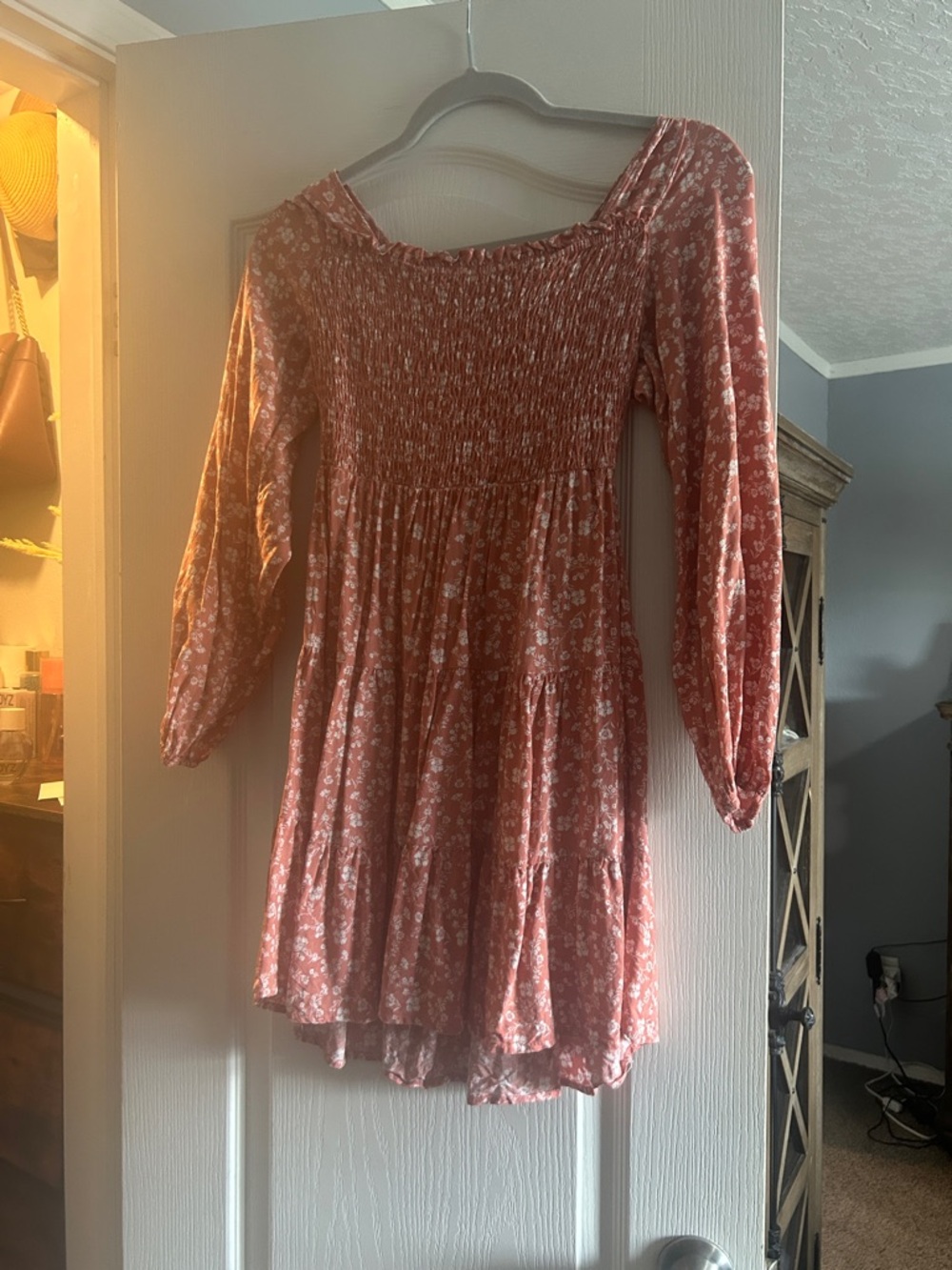 Liberty Love Rust-Pink Floral Smocked Mini Dress